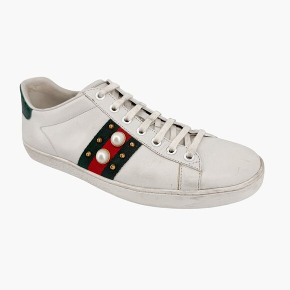 Gucci Pearl-Embellished Ace Sneakers White Leather Size 38.5 US 8.5 Women's - Picture 8 of 15